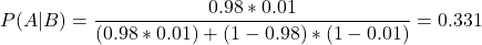 \[P(A|B) = \frac{0.98*0.01}{(0.98*0.01)+(1-0.98)*(1-0.01)}= 0.331\]